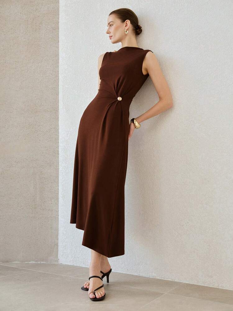 ELEGANT METAL BUCKLE KNIT WAIST DRESS, BROWN