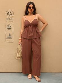 Elaquor Bộ đồ hè cỡ lớn dành cho nữ gồm áo hai dây và quần (2 món) - Gỗ đỏ - Xem 1