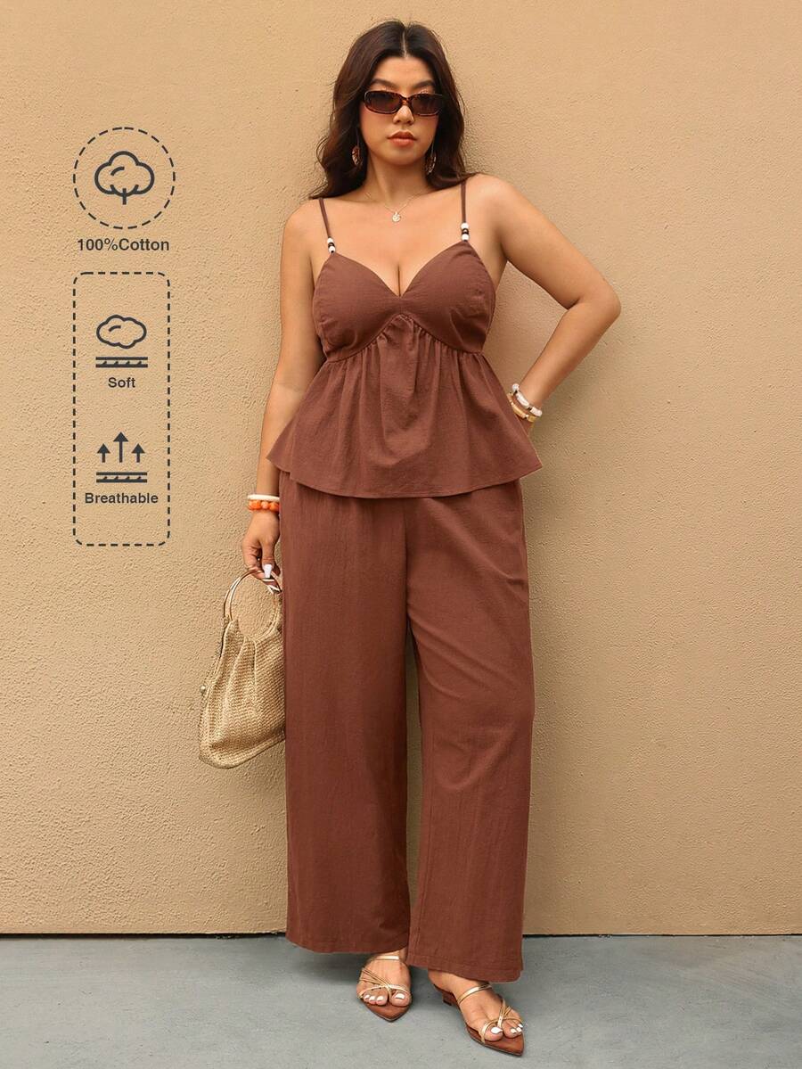 Elaquor Bộ đồ hè cỡ lớn dành cho nữ gồm áo hai dây và quần (2 món) - Gỗ đỏ - Xem 1