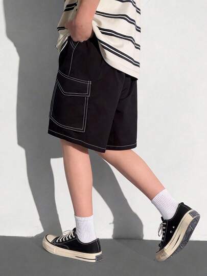 Tween Boy Kids Casual Loose Fit Pockets Contrast Stitching Straight Leg Cargo Shorts, Suitable For Spring/Summer, Everyday Wear, Family Gathering, Outdoor