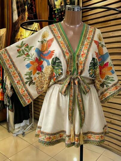 Franclia 大码女式V领蝴蝶结流苏游牧鸟类花卉印花撞色优雅复古休闲连体裤