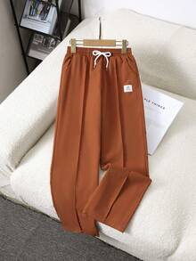 SHEIN Tween Boys' Letter Print Drawstring Waist Pocket Casual Pants - Brown - View 6