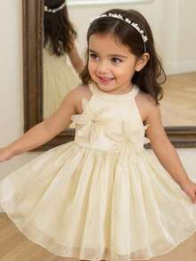 女婴优雅可爱公主裙，杏色花卉欧根纱无袖连衣裙 - 杏色 - 查看 1