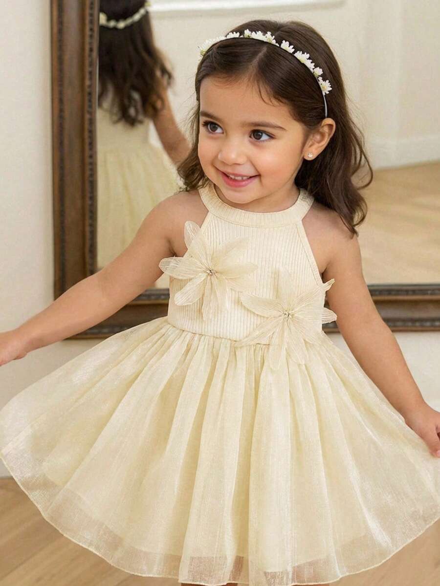 女婴优雅可爱公主裙，杏色花卉欧根纱无袖连衣裙 - 杏色 - 查看 1