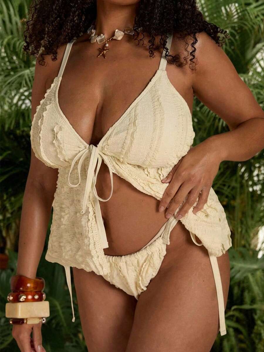 SHEIN BAE 大码女士米色罗纹深V遮瑕泳衣套装，系带比基尼两件套沙滩装 - 杏色 - 查看 1