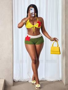 BamGleam Bộ đồ hai mảnh nữ thanh lịch, gợi cảm, thắt dây sau lưng, họa tiết hoa 3D. - xanh quân đội - Xem 5