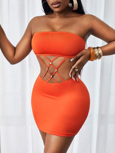 Mistrie Women's Solid Color Strapless Hollow Out Design Fashionable Date Party Mini Dress