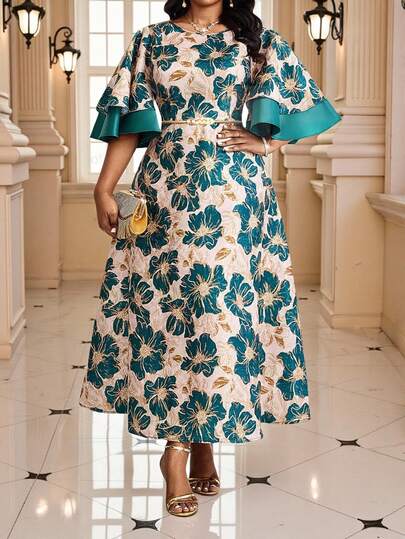 Fleurora Spring And Summer Elegant Modest Party Wedding Cocktail Party Concert/Music Festival Colorful Green Woven Jacquard Scoop Neck Ball Gown Flared Flounce Sleeve Long Short Sleeve Plus Size Dresses Plus Size Summer Elegant Jacquard Contrast Color Ruffle Sleeve Midi Dress Women Church Dress Summer Dress Festival Dresses Festival Outfits For Women Wedding Guest Dress For Women Weddings & Events Graduation Outfit For Mother Birthday Dress Birthday Outfits For Women Luxury Evening Dresses For Women Formal Dress Formal Dresses For Women Garden Party Dress Elegant Floral Dress Women Graduation Outfit For Mother Luxury Dress