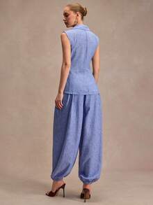 CLARA VERO Bộ áo vest cổ ve có thắt lưng và quần ống phồng, dáng rộng, phù hợp cho trang phục thường ngày cuối tuần, du lịch hoặc phong cách đường phố, làm từ vải không co giãn kiểu linen 100% polyester, quần áo linen cho nữ, giảm giá, trang phục kỳ nghỉ Zante, bộ đồ Yrack cho nữ, Zanea cho nữ tập yoga - Màu xanh lam - Xem 2