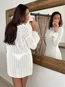 SHEIN Women Hollow Out Sweater Dress For Summer Vacation - Beige - View 2