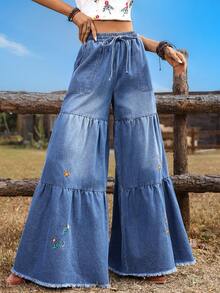 Breezaya 女士荷叶边渐变刺绣阔腿牛仔裤 - 中等水洗藍 - 查看 5