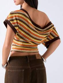LYSMO 女士夏季休闲时尚沙滩度假风撞色条纹图案不规则领蝙蝠袖修身露脐网纱镂空上衣 - 彩色 - 查看 2