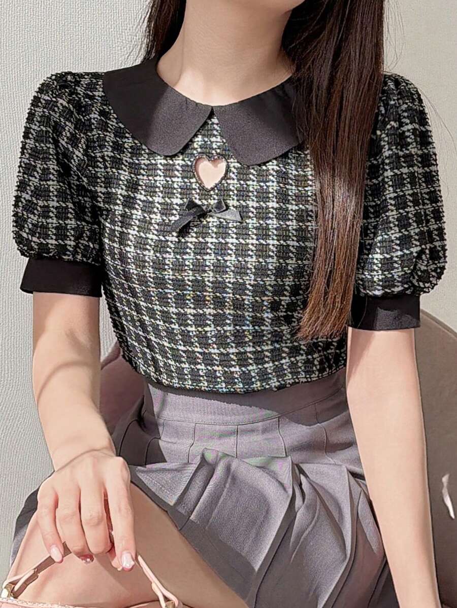 FRIFUL 女士夏季拼接彼得潘领短袖修身休闲T恤 - 卡其色 - 查看 1