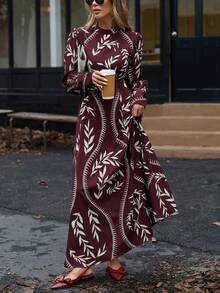Aveloria Modichic Đầm phong cách Bohemian cổ đứng, eo thắt, họa tiết ngẫu nhiên, thích hợp mặc đi nghỉ mát mùa thu cho nữ. - Nhiều màu - Xem 5