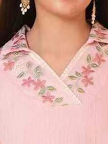 Tween Girl Pink Floral Embroidered Abaya Jalabiya Robe,Autumn Elegant Long Sleeve Robe Gown,Holiday Traditional Arabic Outfit For Family Gatherings - Multicolor - View 3