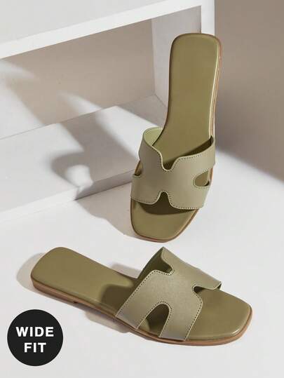 SHUZIA #WideFitQuietLuxury 女士露趾吊带镂空软垫高级仿皮精致灰褐色橄榄绿拖鞋 - 宽楦时尚舒适，易于搭配