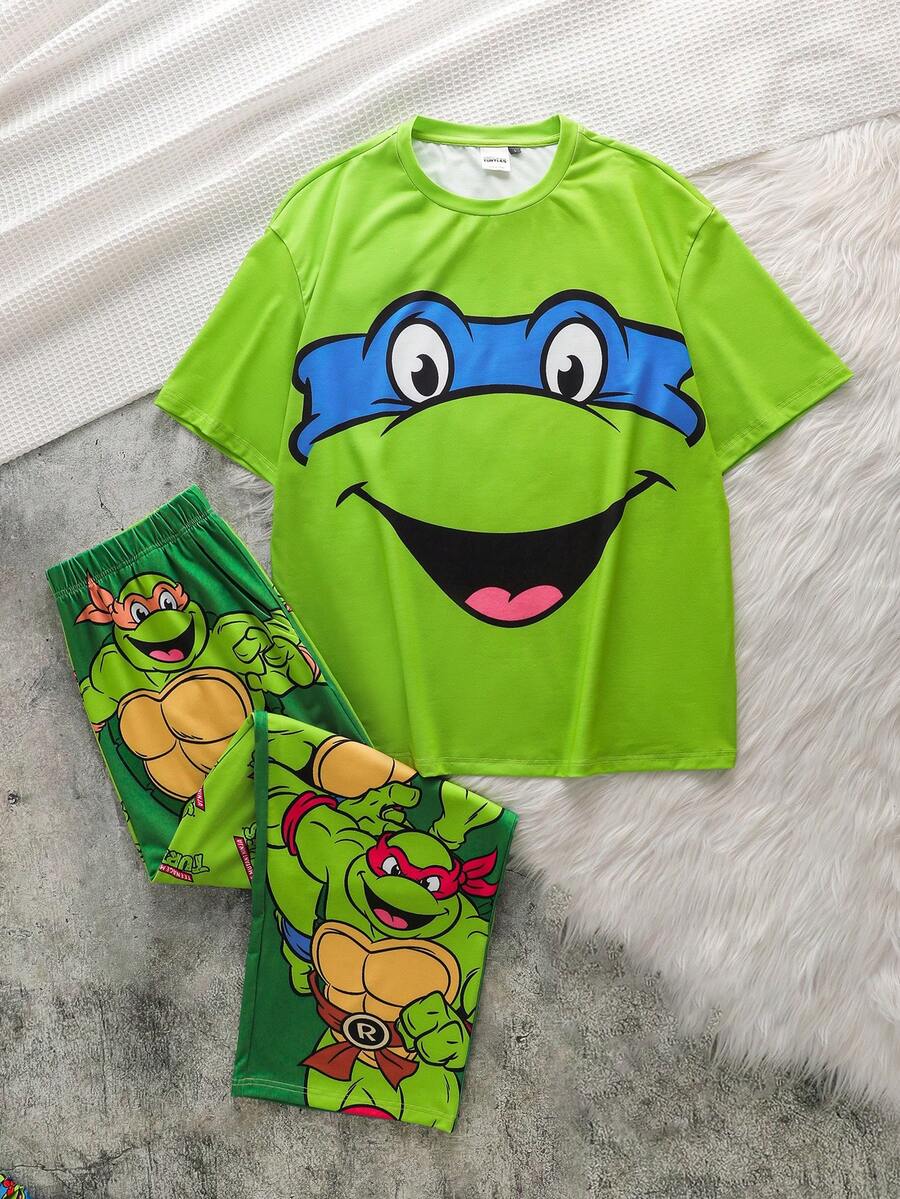 TEENAGE MUTANT NINJA TURTLES | SHEIN 男士圆领短袖T恤和裤子睡衣套装，忍者神龟图案 - 白色 - 查看 1