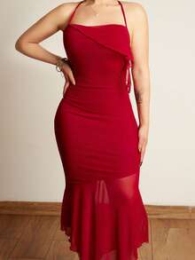 Lupita Cardoza Damen Asymmetrischer Kragen Kreuzträger Slim Fit Fischhalsausschnitt Rotes Partykleid - Bordeaux - Übersicht 4