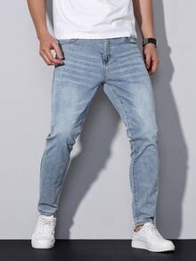 Manfinity Homme Men's Light Blue Embroidered Stretch Slim Fit Jeans - Light Wash - View 6