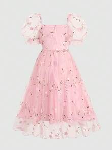 SHEIN Tween Girl Floral Embroidered Mesh Square Neck Petal Sleeve Cute Dress - Baby Pink - View 4