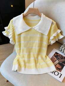 Lyxana Elegant Polo Collar Versatile Women Sweater, Spring/Summer - Yellow - View 1