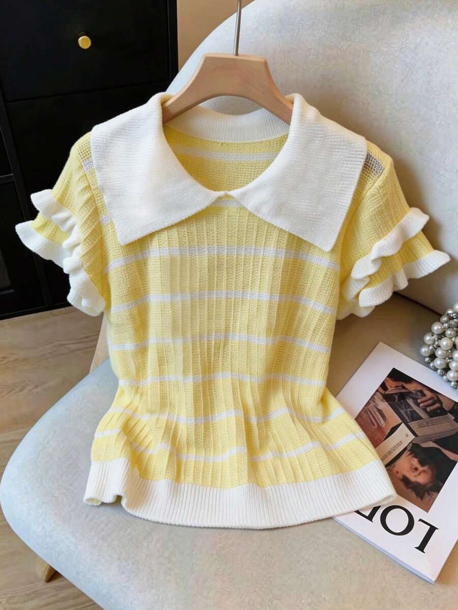 Lyxana Elegant Polo Collar Versatile Women Sweater, Spring/Summer - Yellow - View 1