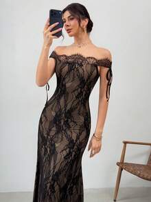 Firerie 女士新款秋冬性感S型蕾丝长袖紧身包臀黑色长裙，夏季连衣裙，茶会礼服，优雅性感 - 黑色 - 查看 8