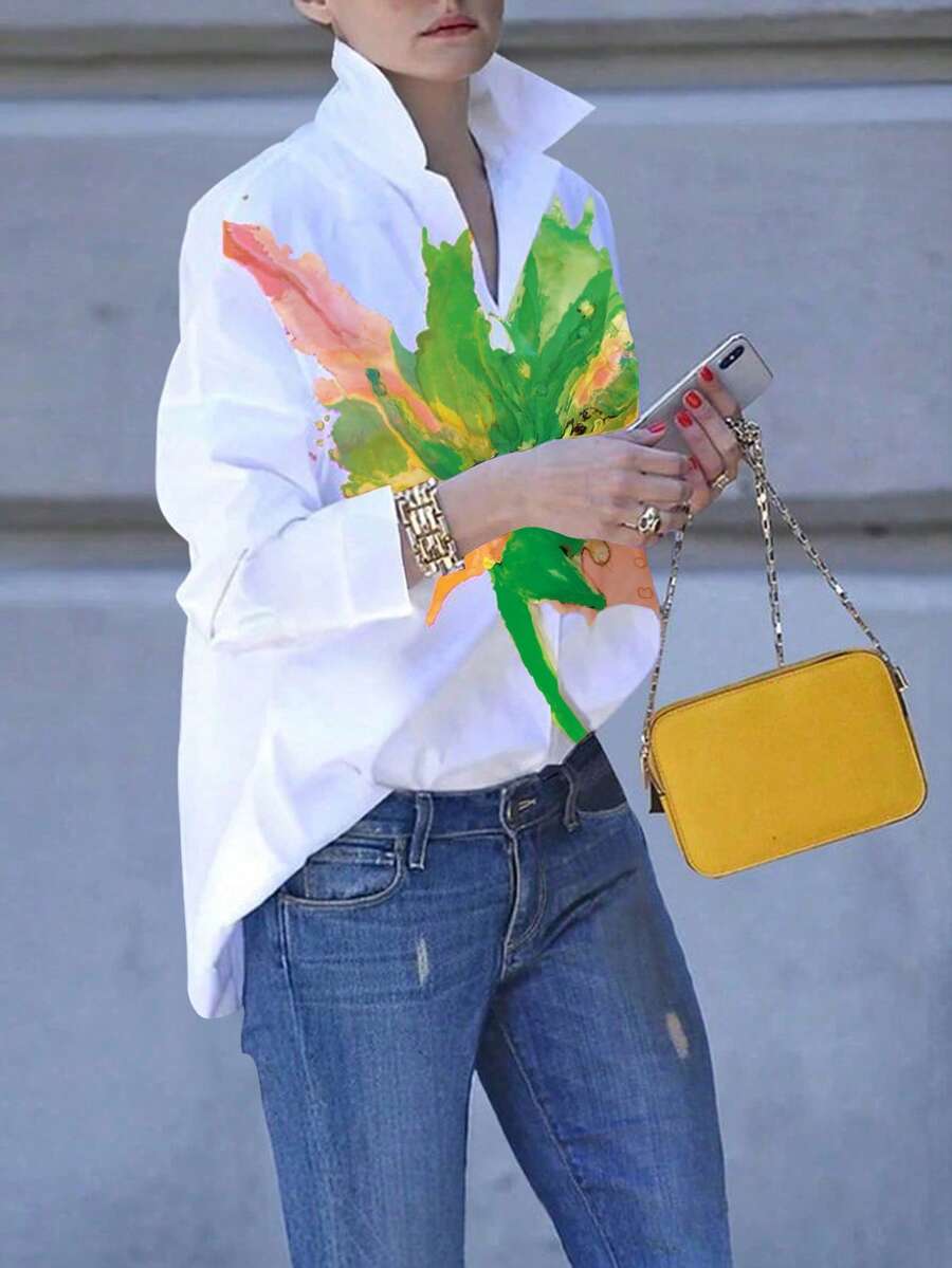 EMERY ROSE Camisa de manga larga de ajuste holgado con estampado de pintura de tinta, adecuada para primavera/otoño, vacaciones y uso diario - Blanco - Ver 1