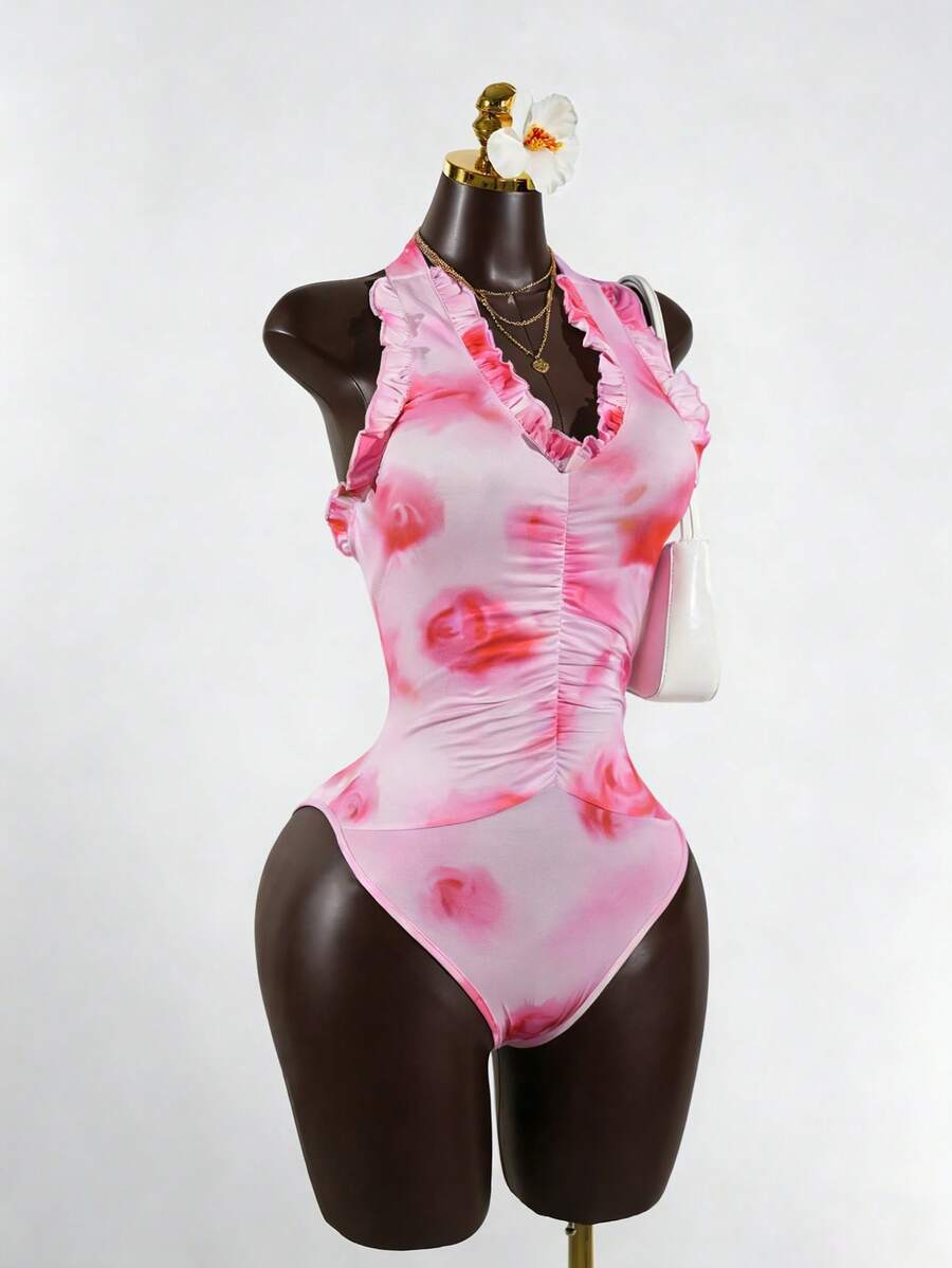 SaltGleam SaltGleam 粉色扎染性感露背吊带连体衣，适合海滩度假 - 粉色 - 查看 1