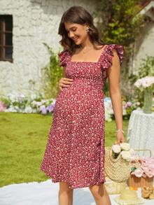 SHEIN Maternity Vacation Ditsy Floral Tie Back Cap Sleeve Casual Dress - Burgundy - View 6