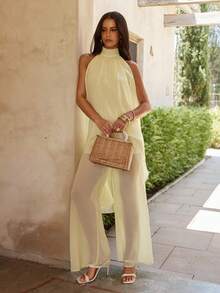 KARISMINA Women's Solid Color Woven Halter Jumpsuit, Spring/Summer Vacation - Pale Yellow - View 3