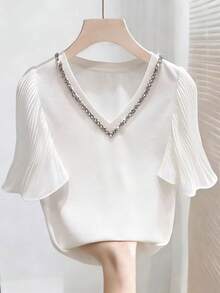 Franclia 女士优雅水晶装饰T恤，夏季 - 白色 - 查看 3