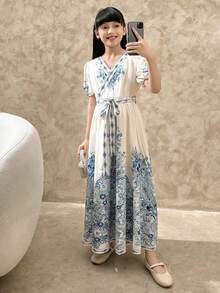Dazy Kids Tween Girls Elegant Floral V-Neck Puff Sleeve Belted Mid-Length Dress, Autumn Summer Vacation - Blue - View 5