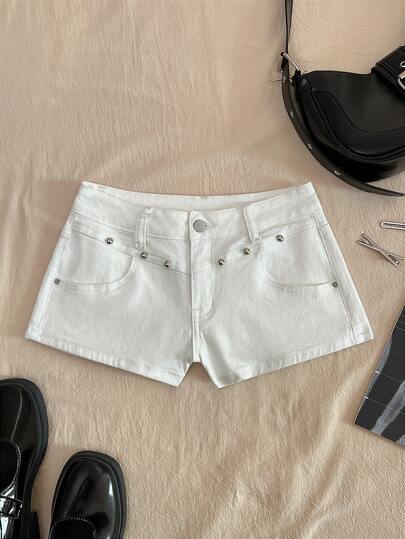 Elamini 时尚休闲性感铆钉解构低腰牛仔超短裤