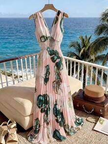 GlowEve French Elegant Casual Vacation Shirred Sleeveless Light Pink Floral Print Textured Plaid Chiffon Waist Gathered Pleated Flared Maxi Dress, Spring/Summer Pink Women Dress, Summer Dress, Polka Dot Dress, Elegant Women Summer Dress, Pink Maxi Dress, Flowy Summer Dress - Multicolor - View 6