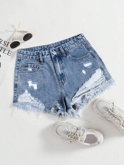 SHEIN EZwear 女士牛仔短褲，破壞口袋和鬆散邊緣設計，休閒風格