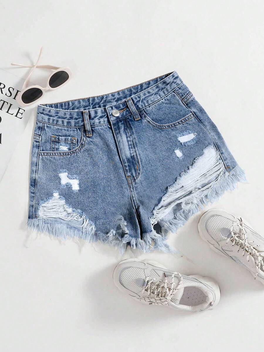 SHEIN EZwear 女性磨損破洞牛仔短褲，春夏季節必備 - 中等水洗藍 - 查看 1