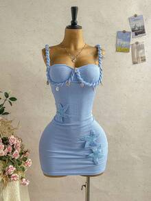 Soleia 春夏新款休闲度假西部海滩婚礼宾客着装毕业早午餐圣帕特里克节春假复活节音乐节优雅波西米亚热带风情编织亮片闪亮针织纹理连衣裙女装 - 淺藍色 - 查看 6