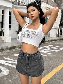 SHEIN ICON 女士高腰带口袋休闲百搭牛仔短裙 - 灰色 - 查看 4