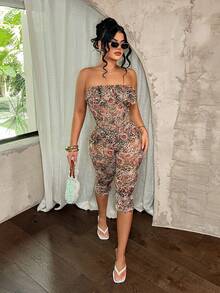 SHEIN SXY Women's Leopard & Floral Print Cropped Leggings,Summer ,Spring ,Vacation,Beach , Ibiza,Floral ,Lace ,Mesh ,Leopard Print ,Cheetah Print , Leopard Print Set Y2k Two Piece Set Two Piece Spring Set Woman 2 Piece Set Summer Capris Two Piece Set, Leopard Floral Set, 2 Piece Sets, Floral Print Two-Piece Outfit, Woman Summer Outfits, Women Vacation Outfit Sets - Multicolor - View 3
