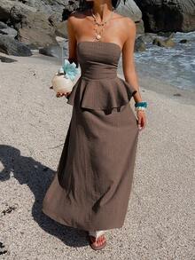 DAZY Brown Dress, Elegant Fitted Waist Casual Vacation Dress, Suitable For Spring, Summer, Valentine's Day, Wedding, Beach Sundress - Coffee - View 3