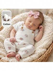 Loomiva Newborn Baby Girl Floral Print Strap Romper & Pants Set, Versatile & Comfortable,Kids - Apricot - View 1