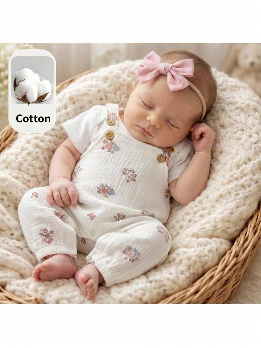 Loomiva Newborn Baby Girl Floral Print Strap Romper & Pants Set, Versatile & Comfortable,Kids - Apricot - View 1