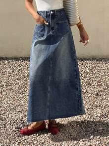 DAZY 女士休闲水洗白色口袋A字牛仔裙，春夏款 - 中等水洗藍 - 查看 5