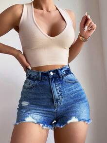 SHEIN PETITE Quần short denim rách mùa hè dành cho nữ - Rửa trung bình - Xem 4