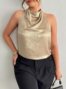 Firerie Women's Casual And Elegant Commuting Gold Satin Halter-Back Turtleneck Top/New Year Look/Sexy Top/Sparkly Top/Party Top/Old Money Style Top/Gold Top - Gold - View 7