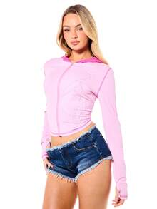 BABYPHAT Contrast Hood Rhinestone Zip-Up Cropped Jersey Top With Long Sleeves And Thumbhole Cuffs - Multicolor - View 1