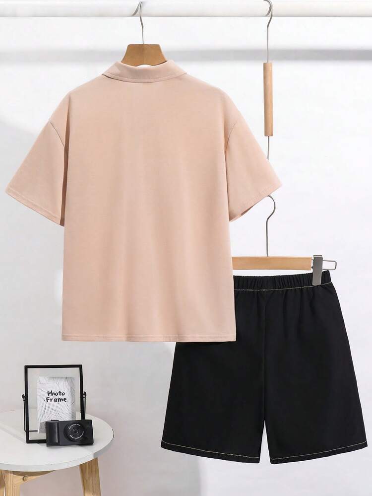 SHEIN Tween Boy Casual Loose Street Graffiti Letter Pattern Lapel Short Sleeve Shirt And Black Shorts Sports Pants Y2K Outfit, Suitable For Spring/Summer Seasons, School, Sports, Outings - Black - View 3