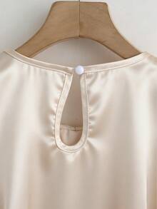 Franclia Women's Round-Neck Pearl-Encrusted Short-Sleeved Shirt,Glossy Satin Woven Fabric,Elegant,Tea Party,Holiday,Summer,White Gold,Fashionable Business Top - Apricot - View 9