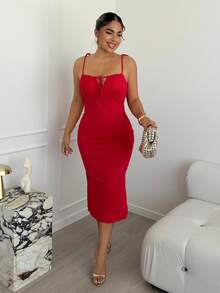 Maria Perezxox 肩上打結胸部褶皺魚尾裙下擺吊帶洋裝 - 紅色 - 查看 1